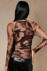 Mock Neck Long Sleeve Mesh Top Brown Floral