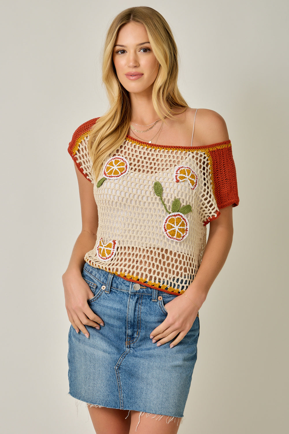 Handmade Lemon Crochet Top Oatmeal + Red