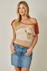 Handmade Lemon Crochet Top Oatmeal + Red