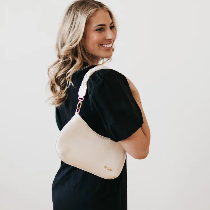 Brynlee Braided Leather Crossbody Shoulder Bag Cream