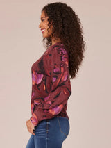 Puff Sleeve Floral Printed Sweater Syrah Black Multi