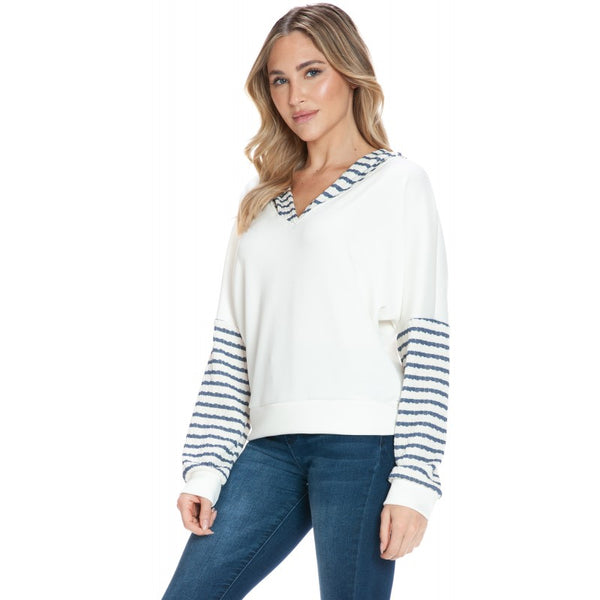 Stripe Contrast Ribbed Textured Hoodie Denim