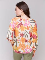 Printed Raglan Sleeve Popover Blouse Bouquet