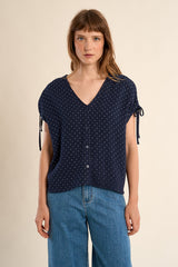 Polka Dot Tie Sleeve Button Detail Blouse Navy Blue