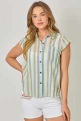Flutter Cap Sleeve Stripe Button Down Shirt Denim Blue Mix