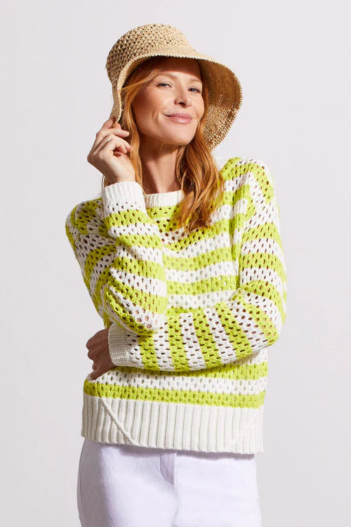 Boat Neck Open Knit Stripe Sweater Lime