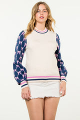 Colorblock Bow Print Sleeve Sweater Cream