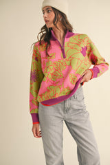 Floral Knit Mock Neck Half Zip Sweater Fuchsia Sage