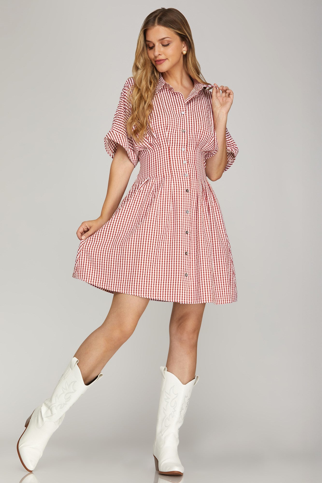 Gingham Smock Back Pintuck Waist Mini Dress Red