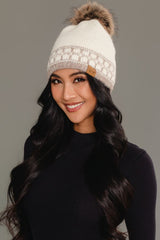 Square Pattern Knit Pom Hat Ivory