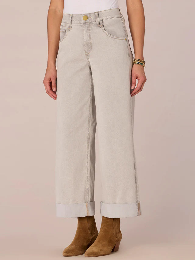 Double Peak Yoke Cuffed Wide Leg Jeans Light Grey