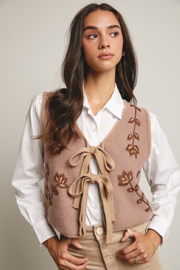 Floral Tie Front Knit Vest Mocha