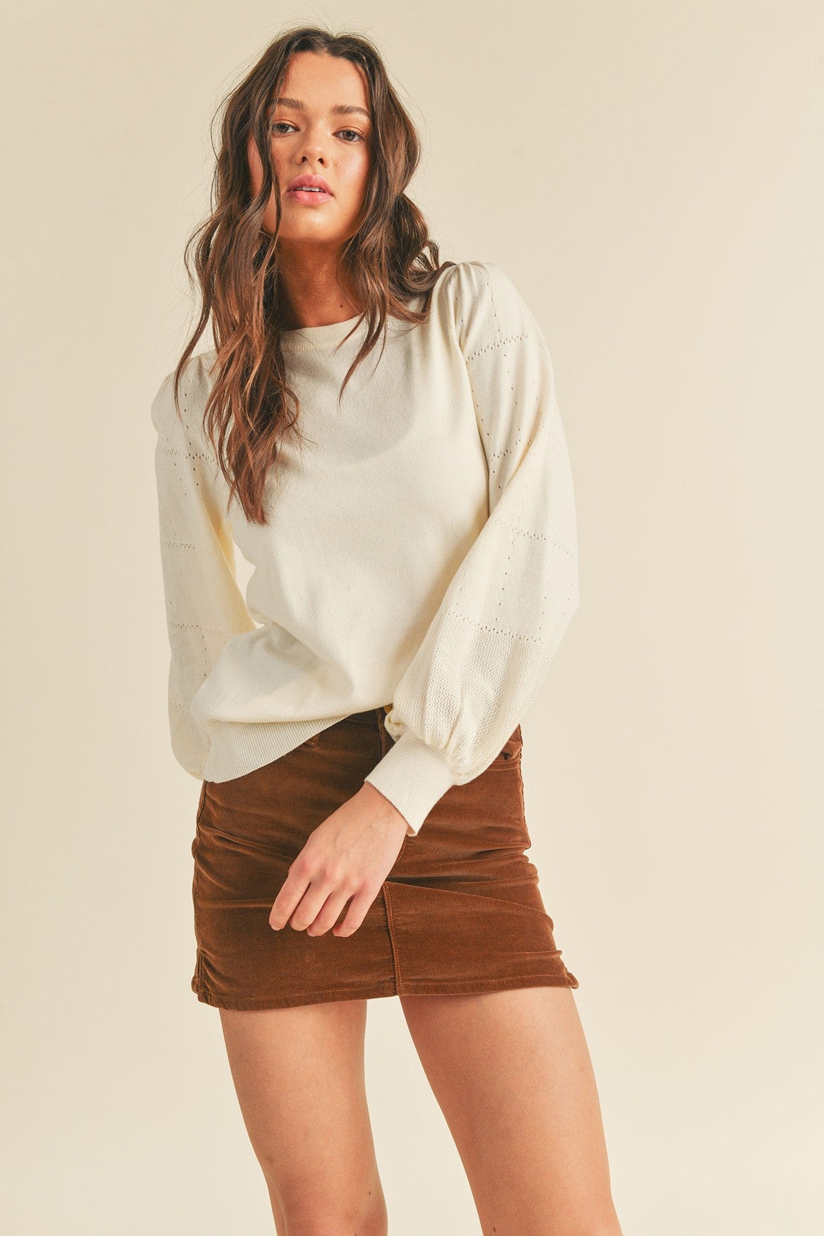 Pointelle Puff Sleeve Sweater Top Ivory