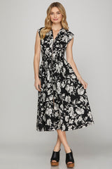 Peony Print Smock Detail Zip Midi Dress Black