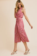 Sleeveless Shoulder Shirred Waist Abstract Print Midi Dress Brown Pink Floral