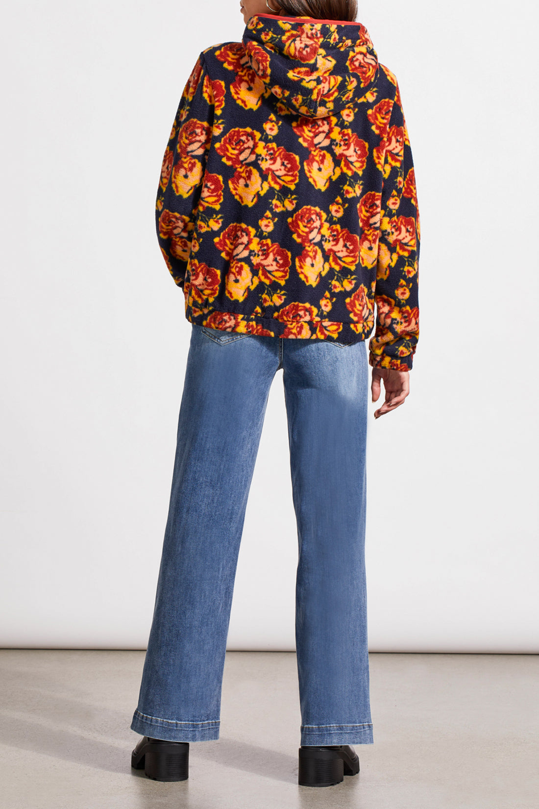 Fleece Floral Contrast Pocket Zip Jacket Night Sky