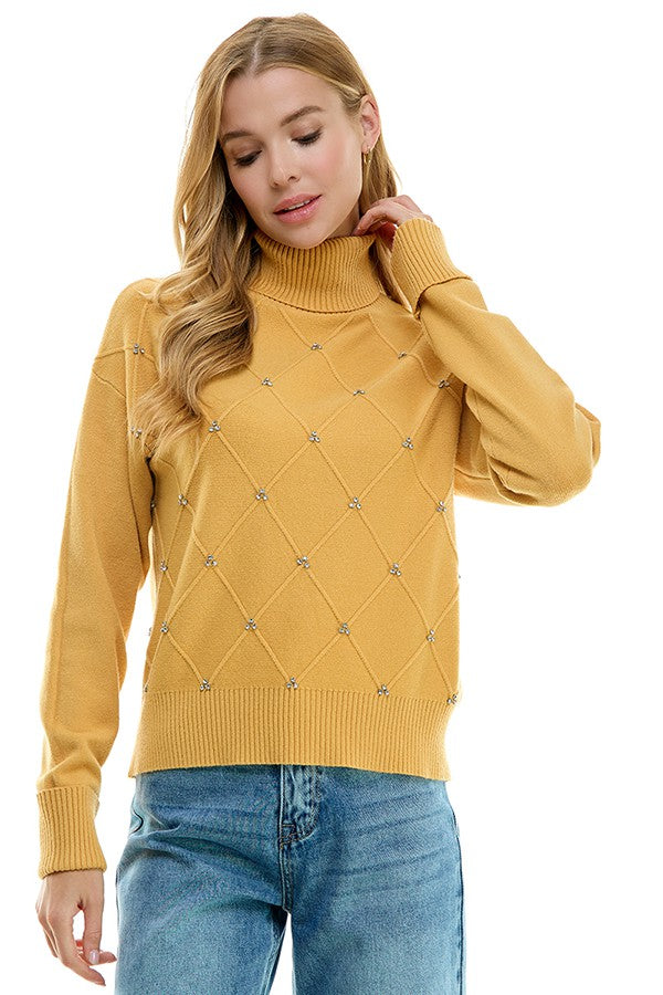 Diamond Pattern Crystal Turtleneck Sweater Gold