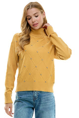 Diamond Pattern Crystal Turtleneck Sweater Gold