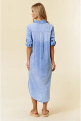 Roll Tab 3/4 Sleeve Tencel Denim Midi Shirt Dress Light Denim