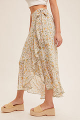 Ditsy Floral Side Tie High Low Chiffon Skirt Sage