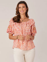 Vine Floral Double Ruffle Emb. Sleeve Blouse Nectarine Multi