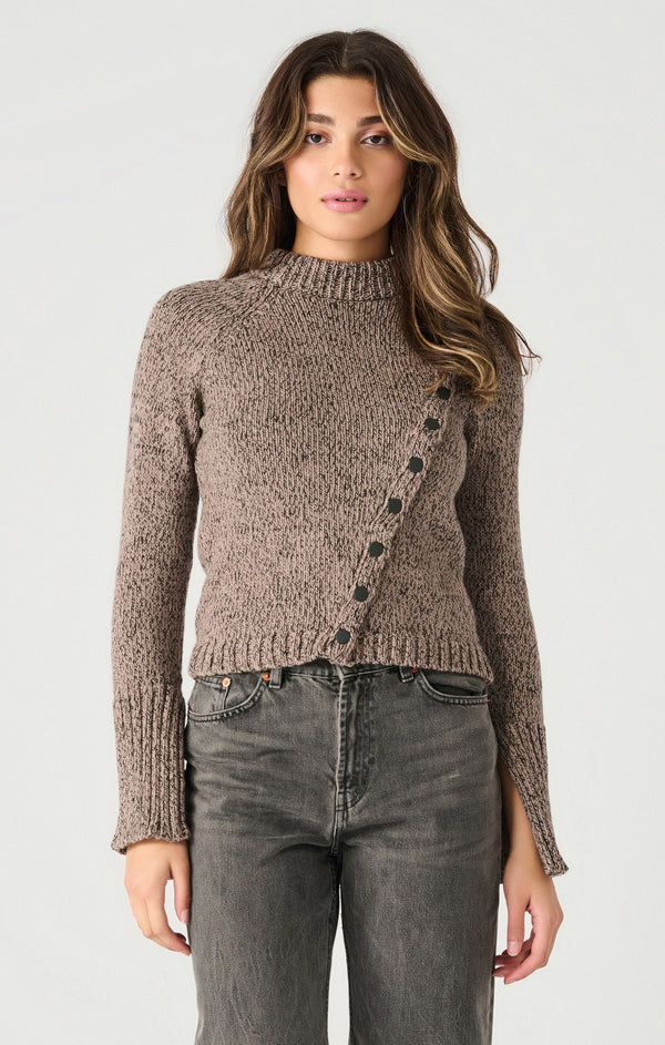 Asymmetric Buttoned Split Sleeve Sweater Grey + Black Melange