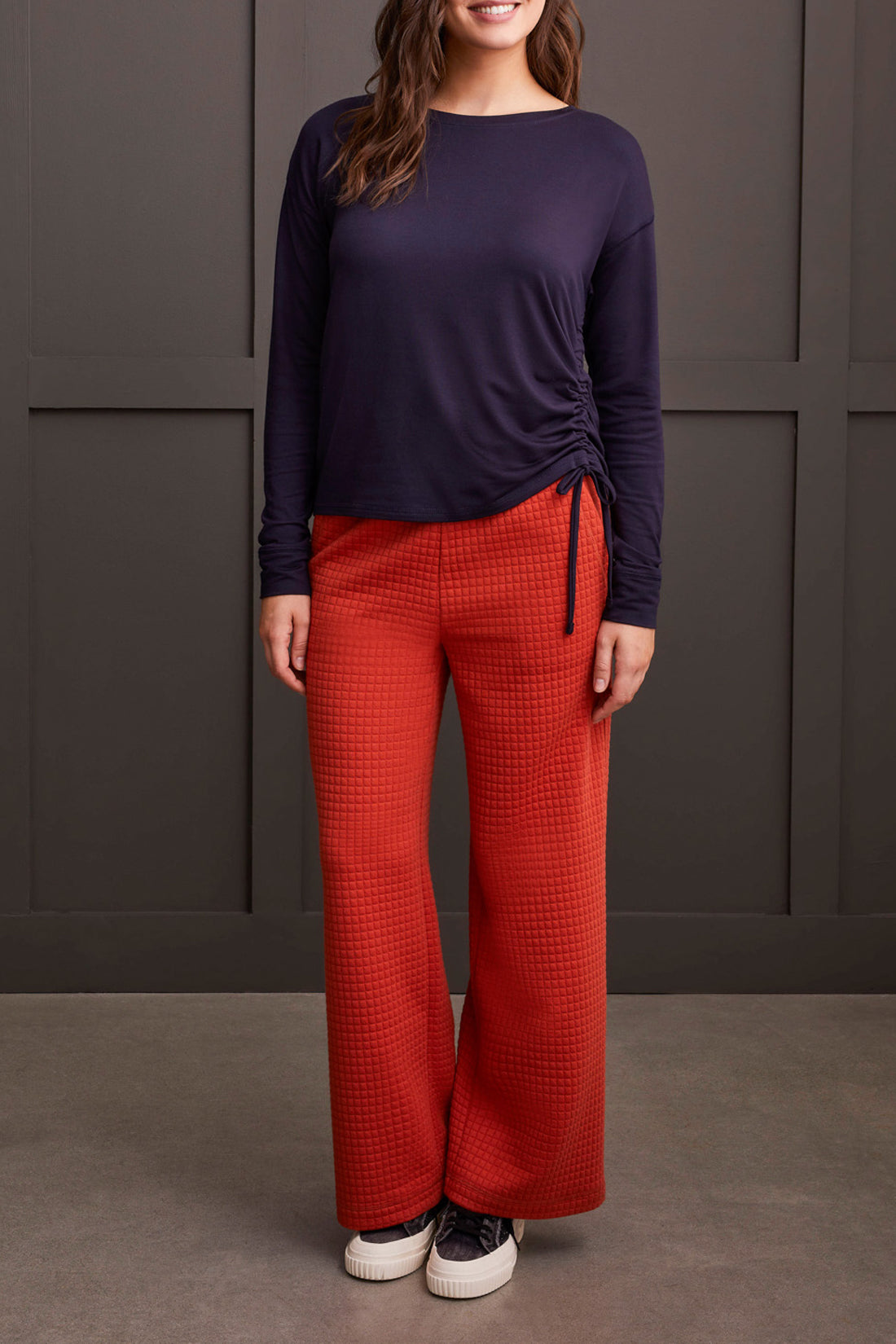 Side Ruched Crew Neck Long Sleeve Top Night Sky