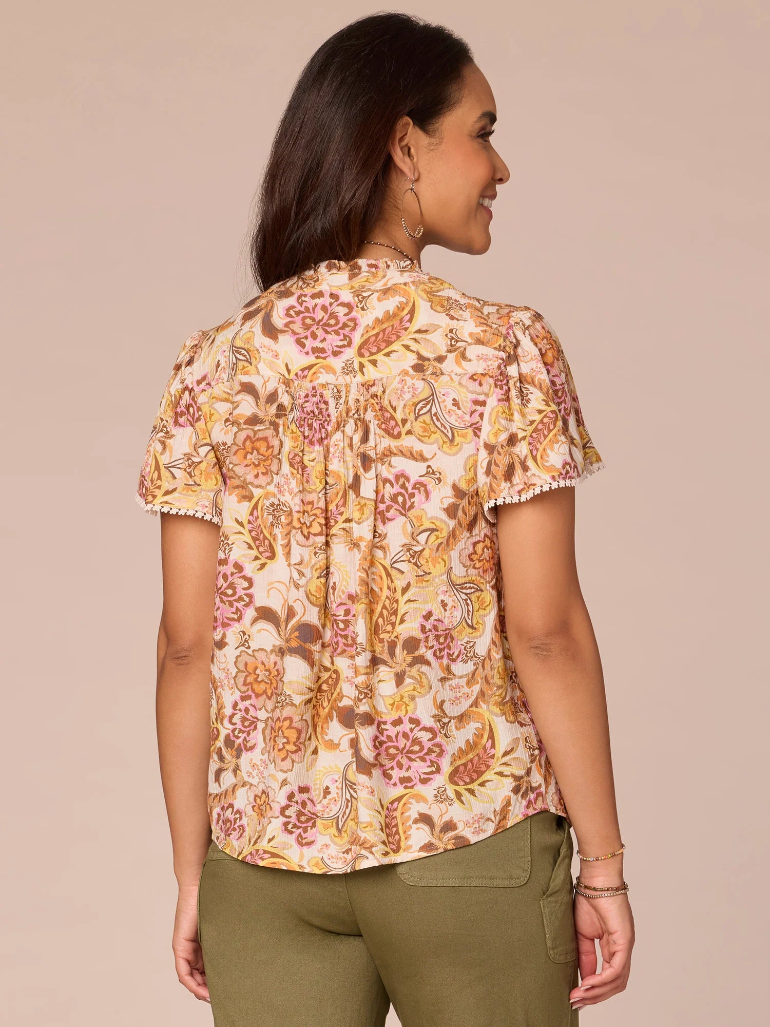 Flounce Sleeve Ruched Front Button Down Floral Top Citrine Multi