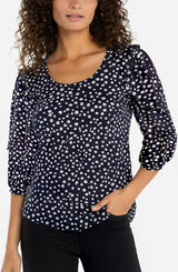 Ruffle Sleeve Printed Knit Top Navy + White Ditsy