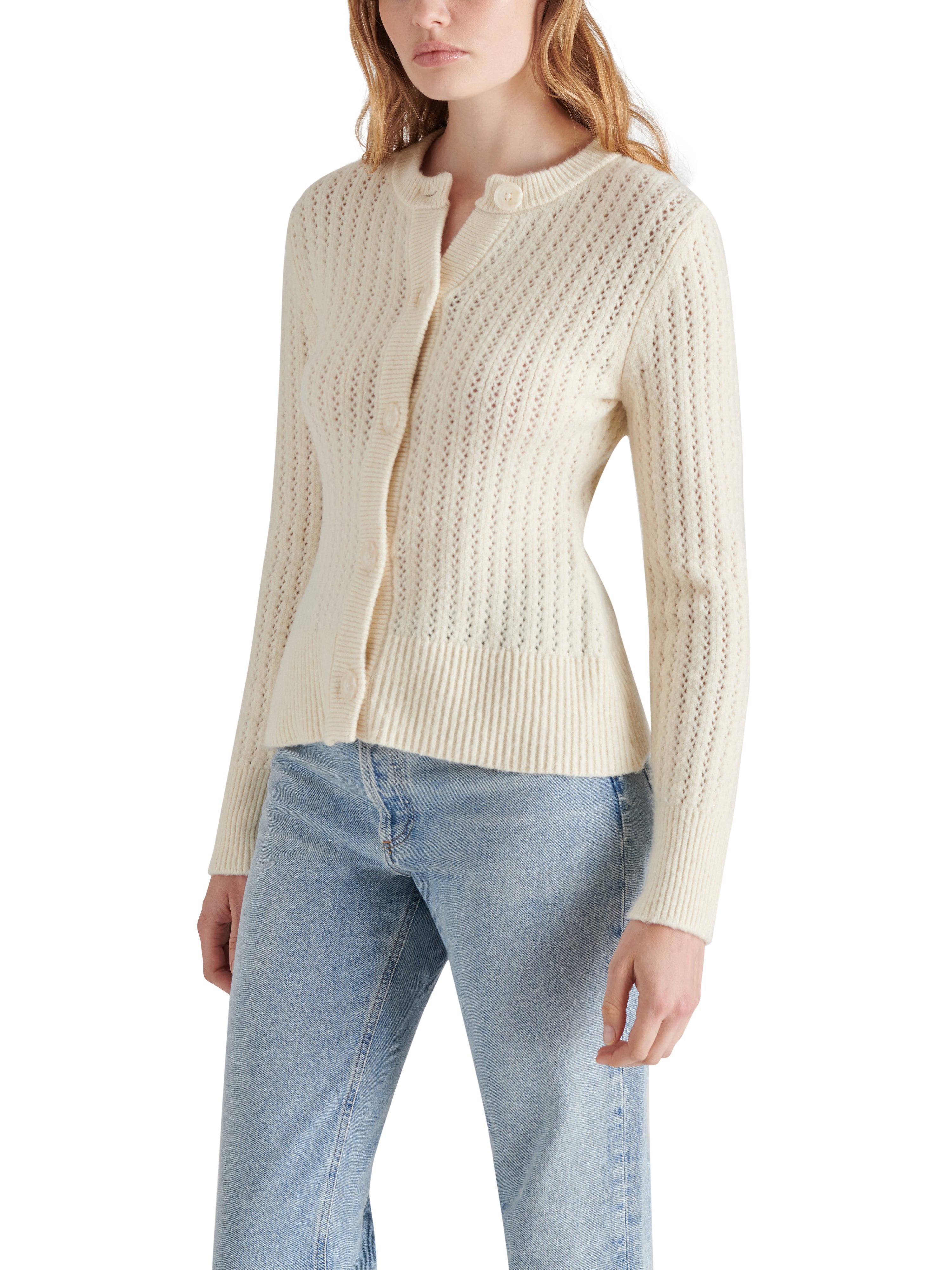 Illiana Pointelle Stitch Peplum Cardigan Cream