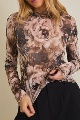 Long Sleeve Merrow Hem Floral Mesh Top Taupe Black Floral