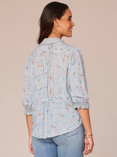 Pintuck Picot Button Front Elbow Sleeve Top Blue Crush Multi
