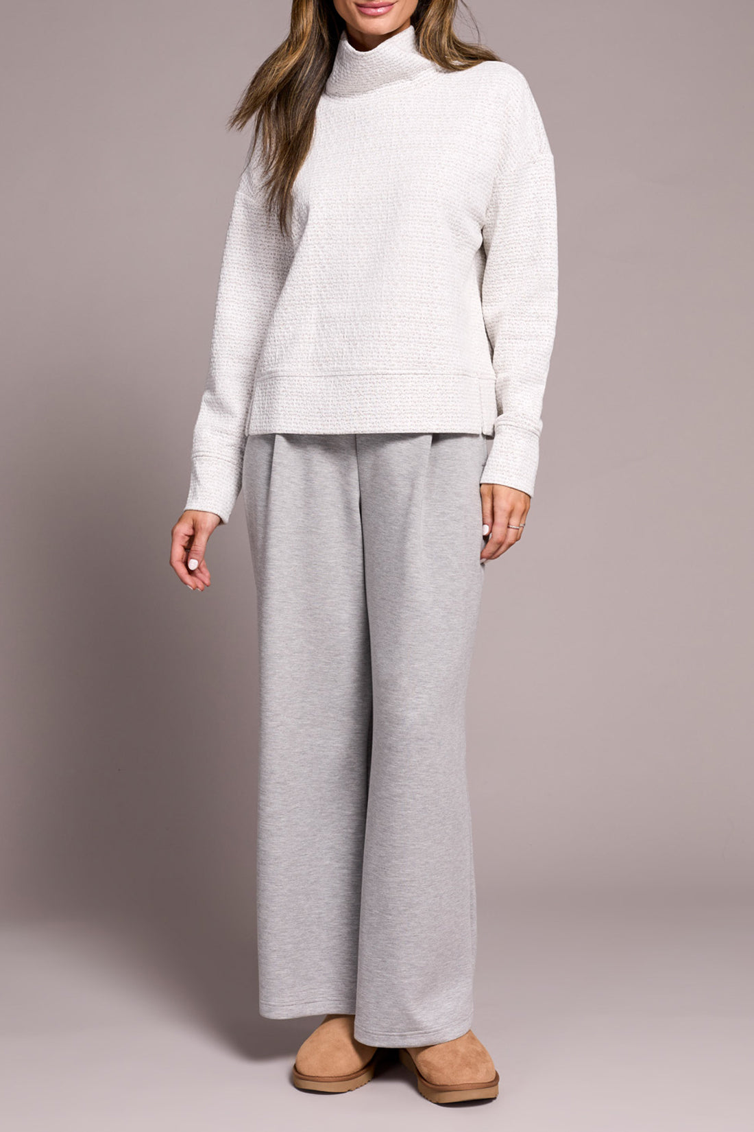 Textured Funnel Neck Long Sleeve Top Heather Frost Grey