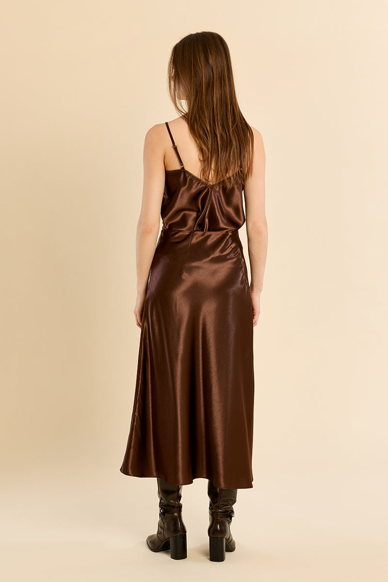 Blakely Satin Midi Skirt Chocolate