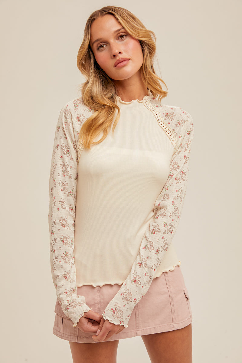 Floral Print Lace Sleeve Mock Neck Contrast Top