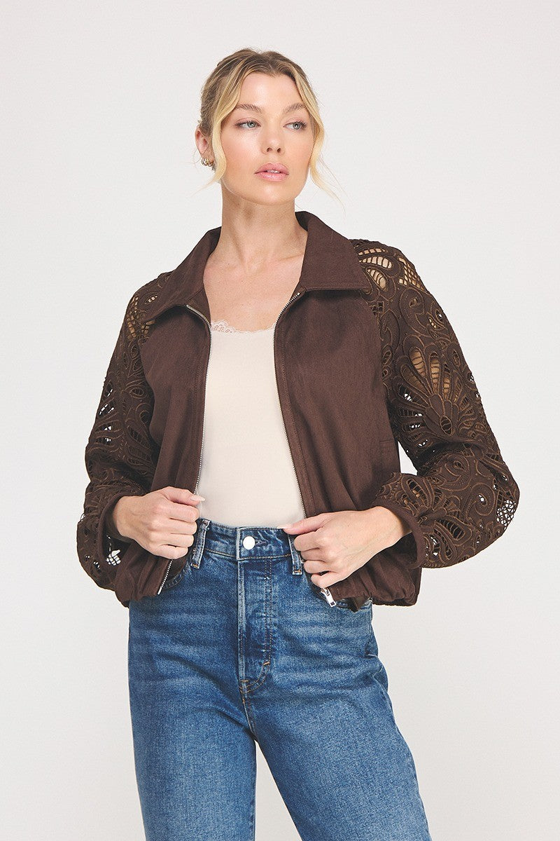 Lace Sleeve Suede Bomber Jacket Chocolate