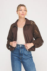 Lace Sleeve Suede Bomber Jacket Chocolate