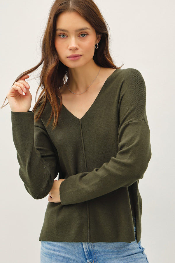 Center Seam Vneck Sweater Top Spruce