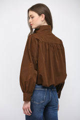 High Stand Collar Gathered Hem Bomber Jacket Dark Brown