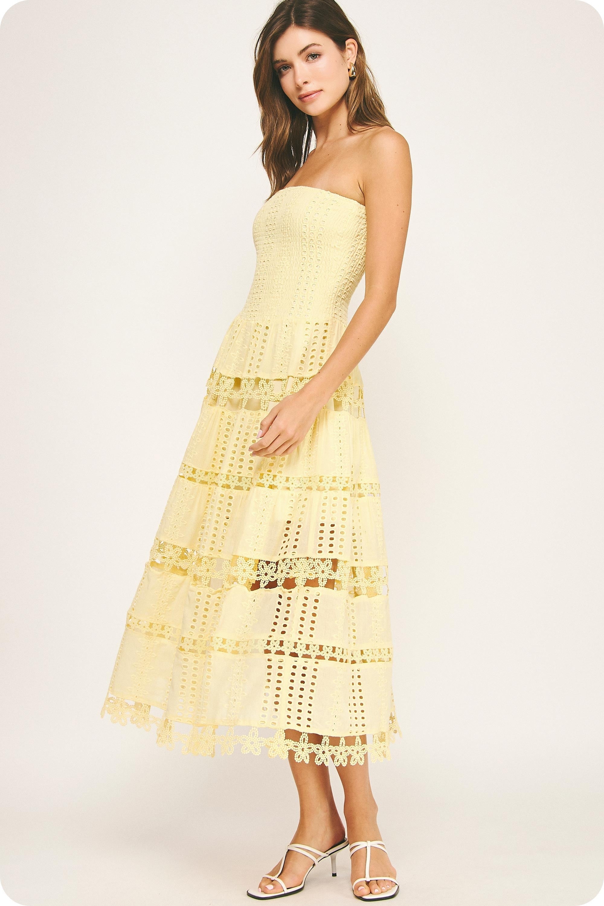 Eyelet Lace Tube Midi Dress Pastel Yellow