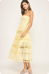 Eyelet Lace Tube Midi Dress Pastel Yellow