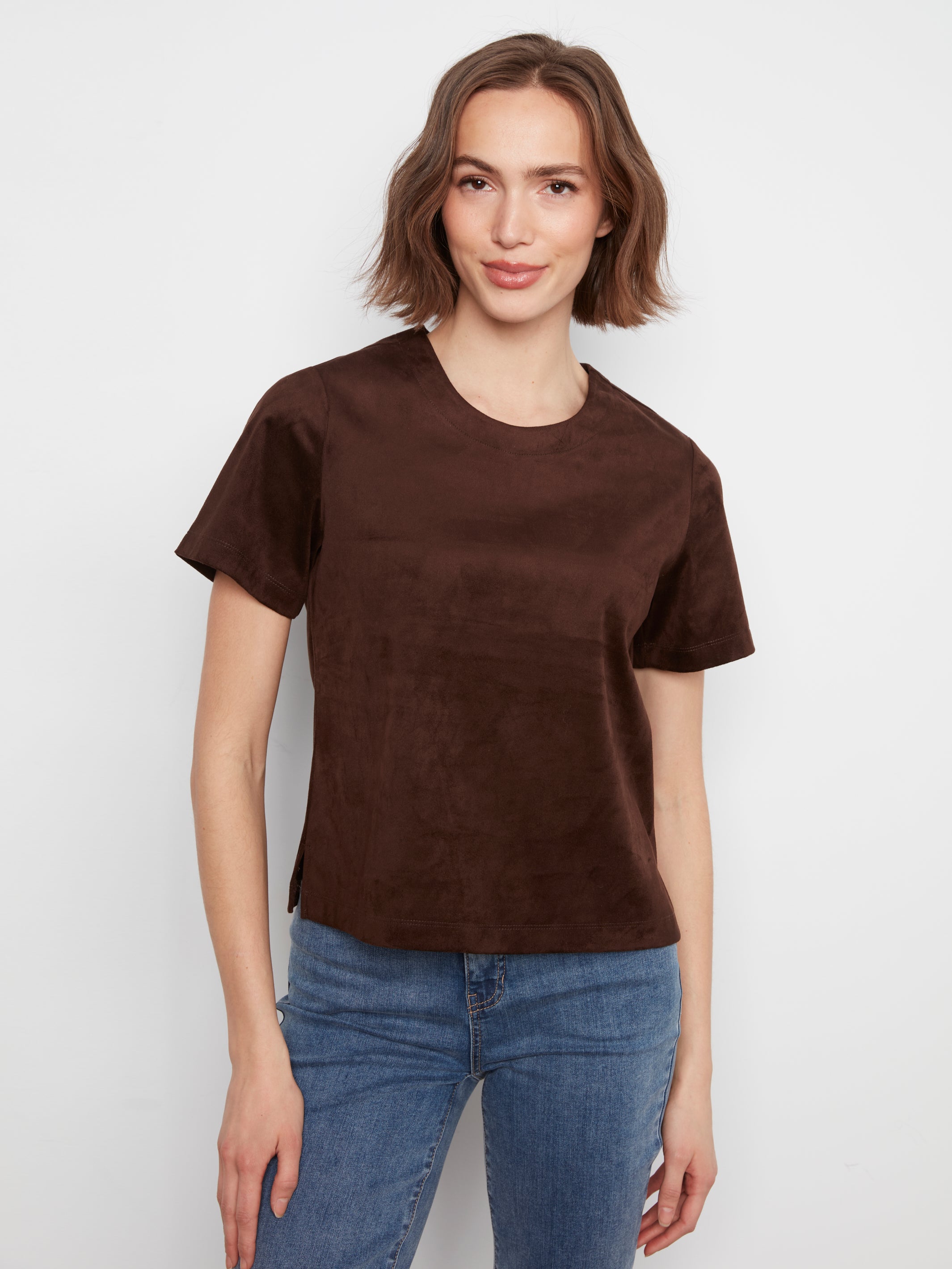 Back Zipper Suede Short Sleeve Top Coffee