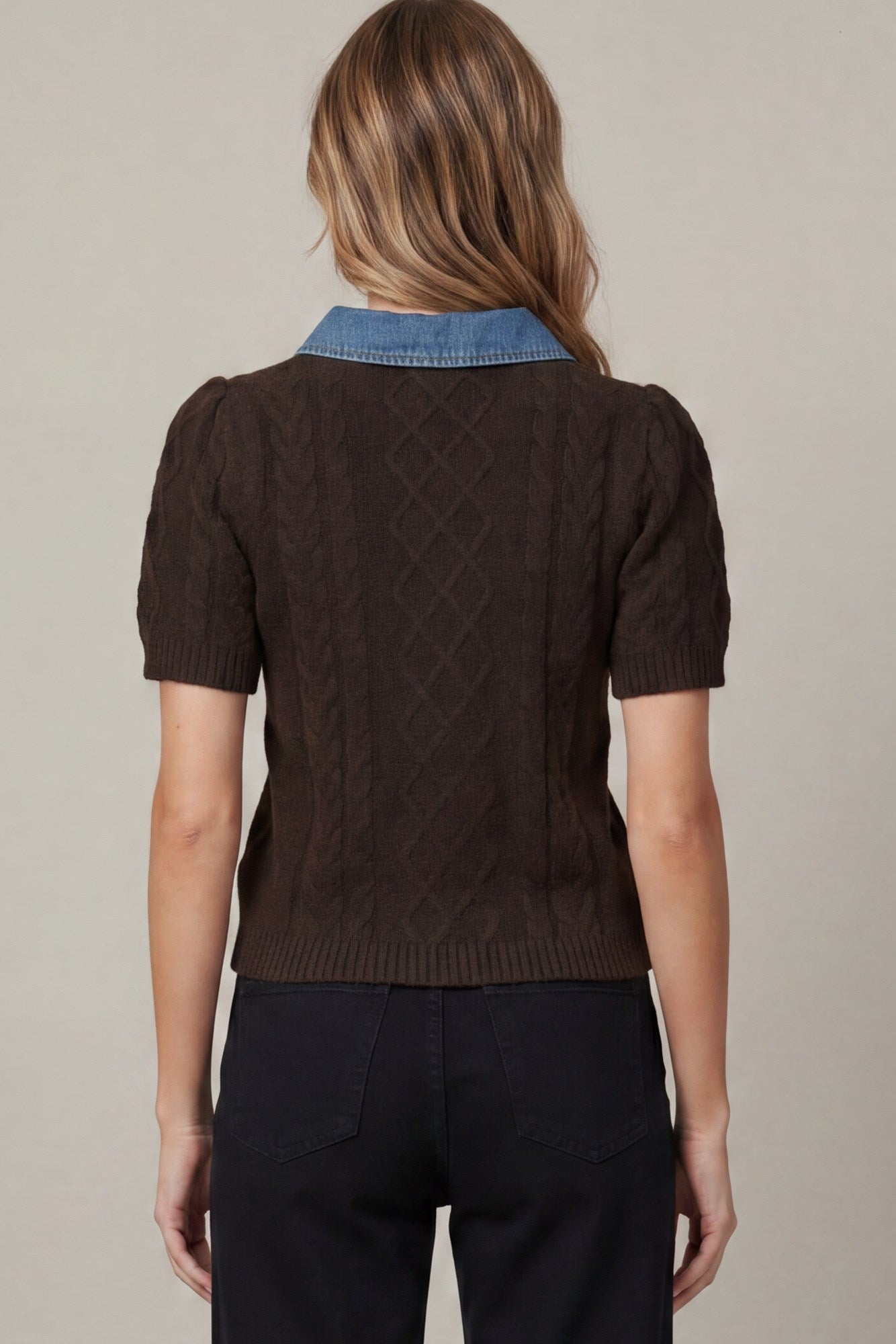 Short Sleeve Denim Collar Cable Sweater Top Brown