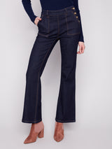 Side Button Detail Patch Pocket Denim Pants Deep Blue