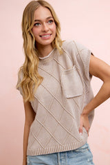 Diamond Pattern Washed Knit Drop Shoulder Top Washed Taupe