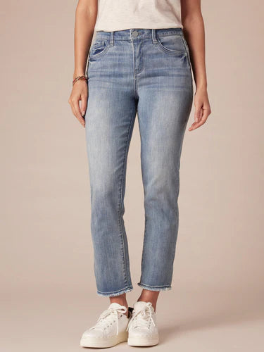 Ab Solution High Rise Slim Straight Clean Finish Fray Hem Jean Mid Blue