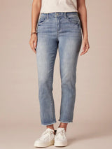 Ab Solution High Rise Slim Straight Clean Finish Fray Hem Jean Mid Blue