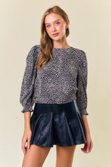 Leopard Printed Puff Sleeve Top Black