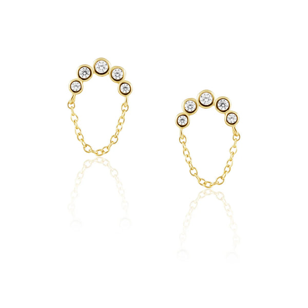 Crescent Chain CZ Stud Earrings - Gold