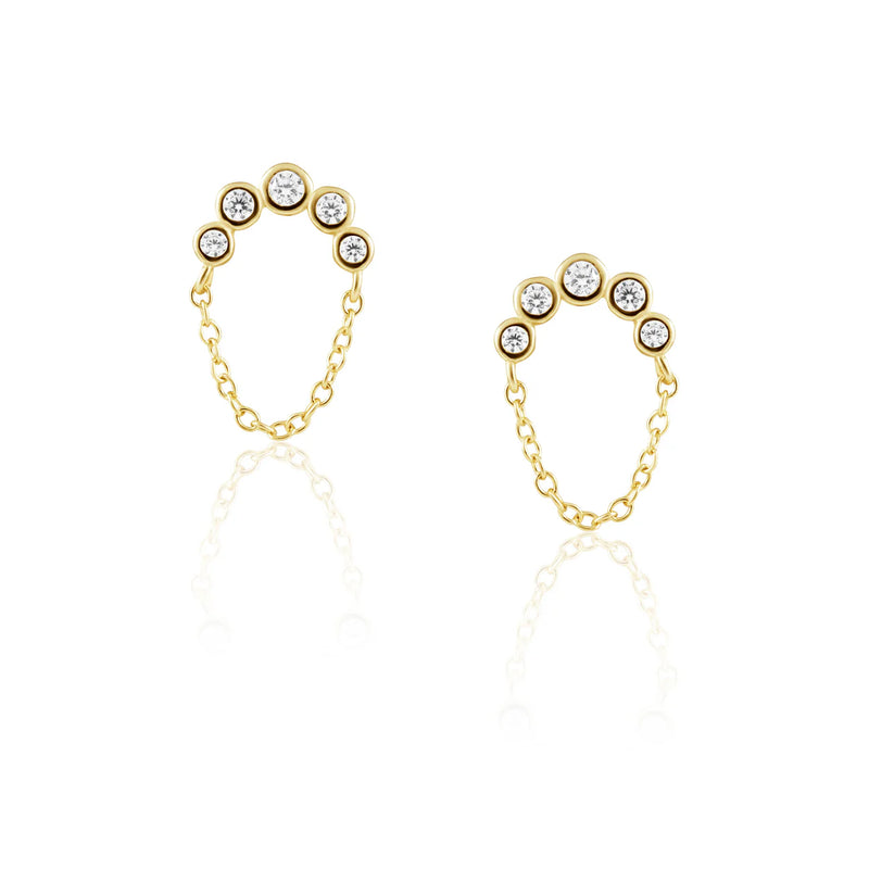 Crescent Chain CZ Stud Earrings - Gold
